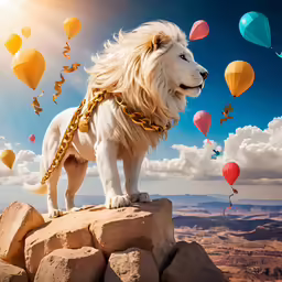 a lion statue with golden chains is standing on a rock