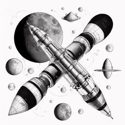 drawing of a space ship in flight with the moon behind it