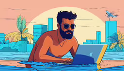 a man sits at his laptop in the middle of a pool,a man with a beard using a laptop