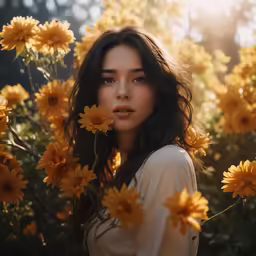 a woman that is standing in some yellow flowers