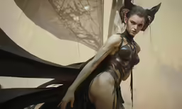 a women that is wearing a dress that has a black animal on it