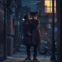 a man and woman dressed in costume and walking on the street in the rain