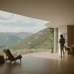 a person looking at mountains from inside of a room