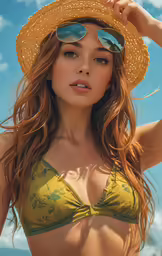 a woman with sun glasses and a yellow bikini
