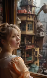 a woman looks out the window at an industrial landscape
