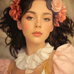 a woman with brown hair wearing a dress and with flowers in her hair