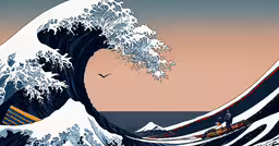 a painting depicting an ocean wave with people in it,an artistic painting of a large wave and a man standing on the edge of it