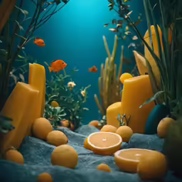 a fake ocean scene with oranges, seaweed, and algae