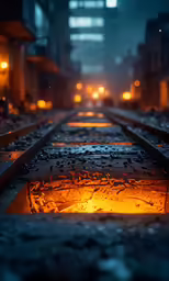 train tracks in the dark with a street light in the background