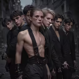 young man posing next to other men on street