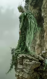 a woman with wings and ivys standing on rocks
