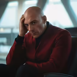 bald man sitting in chair with cellphone up to his ear