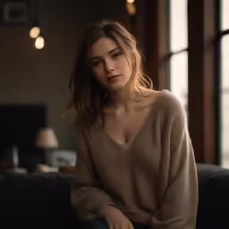 a woman is wearing a tan sweater and dark pants