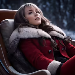 a woman in a red jacket sitting on a brown bench