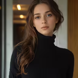 a woman wearing a black turtle neck sweater