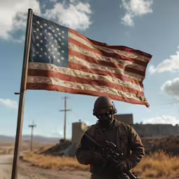 a man in military gear and with a machine gun stands next to an american flag