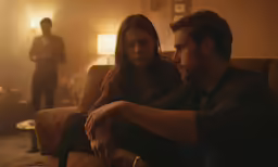a man and a woman sitting on a couch watching something