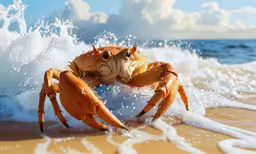 a crab sitting on the beach in the ocean