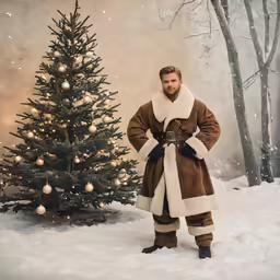 man in costume standing next to a christmas tree