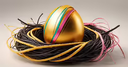 a shiny black bird nest with a striped ribbon and yellow egg