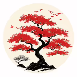 a painting with birds flying around the tree