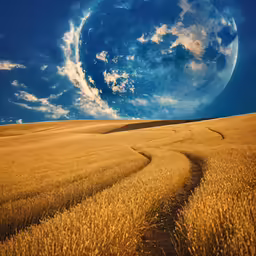 a trail going through a golden wheat field under a full moon