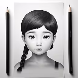 a pencil drawing of a young girl with braids