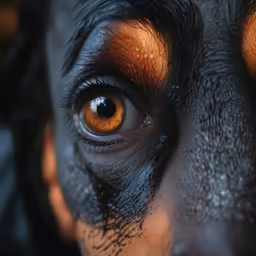 a closeup of the eyes of a black dog