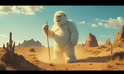 a large white furry bear standing in a desert with a cane