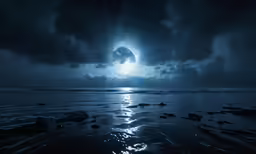 the moon shines through a cloudy sky on the ocean