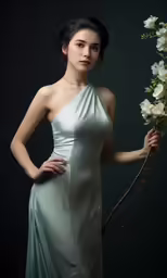 a woman with long hair wearing a light green dress holding a bouquet of white roses