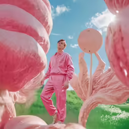 a man in pink jumpsuit standing by an ice cream cone