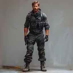 the man is dressed in all different gear,a man in black is standing next to a grey background