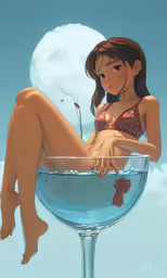 a woman in a bikini sitting on top of a martini