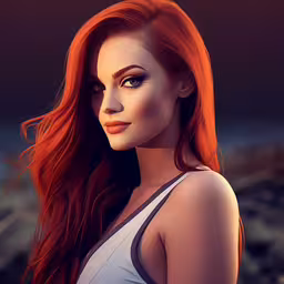 a very pretty redhead with long hair,a digital photo portrait of a beautiful young woman