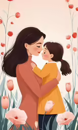 two mothers embracing in front of many flowers