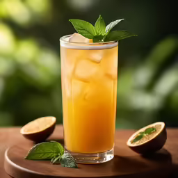 a glass of orange tea with a mint garnish