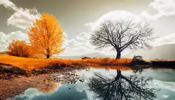 a tree sits in the middle of the field with its reflection on the water