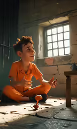 a boy in an orange jumpsuit crouches on the ground