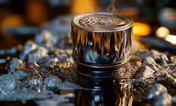 a shiny table with rocks, water and liquid