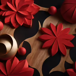 some red paper flowers and some red balls