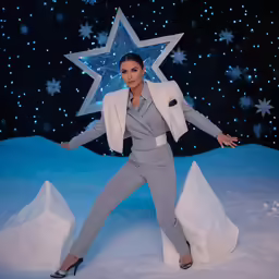 a woman wearing a suit and coat posing for a picture with a star