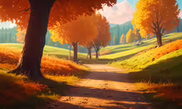 the road is winding through the colorful autumn landscape,a scenic country road with trees on either side and colorful grass on both sides