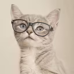 the gray cat with blue eyes has glasses on