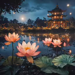 flowers, and lit - up candles sit in front of a pond at night