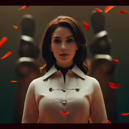 a woman wearing a trench coat looking towards the camera with orange petals falling down on her