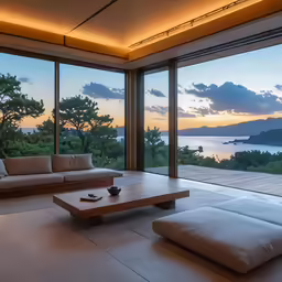 a living room with sofa and tables on it, and large windows looking out on the ocean