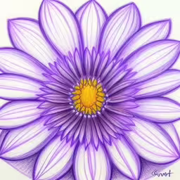 this is a drawing of purple and white flower,an abstract flower has a thin, purple flower center,a purple flower has a yellow center,a painting of a purple flower with yellow center,a painting of a purple flower with yellow center