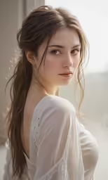 a young woman is standing in front of a building