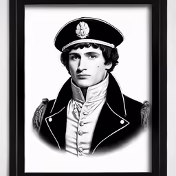 a black and white illustration of a man in military clothing